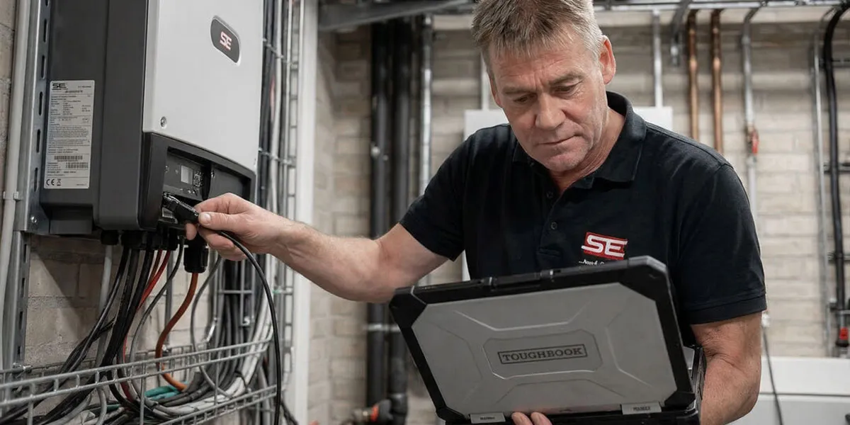 SE-Service Techniker bei der Arbeit an einer Gebäudeautomationsanlage