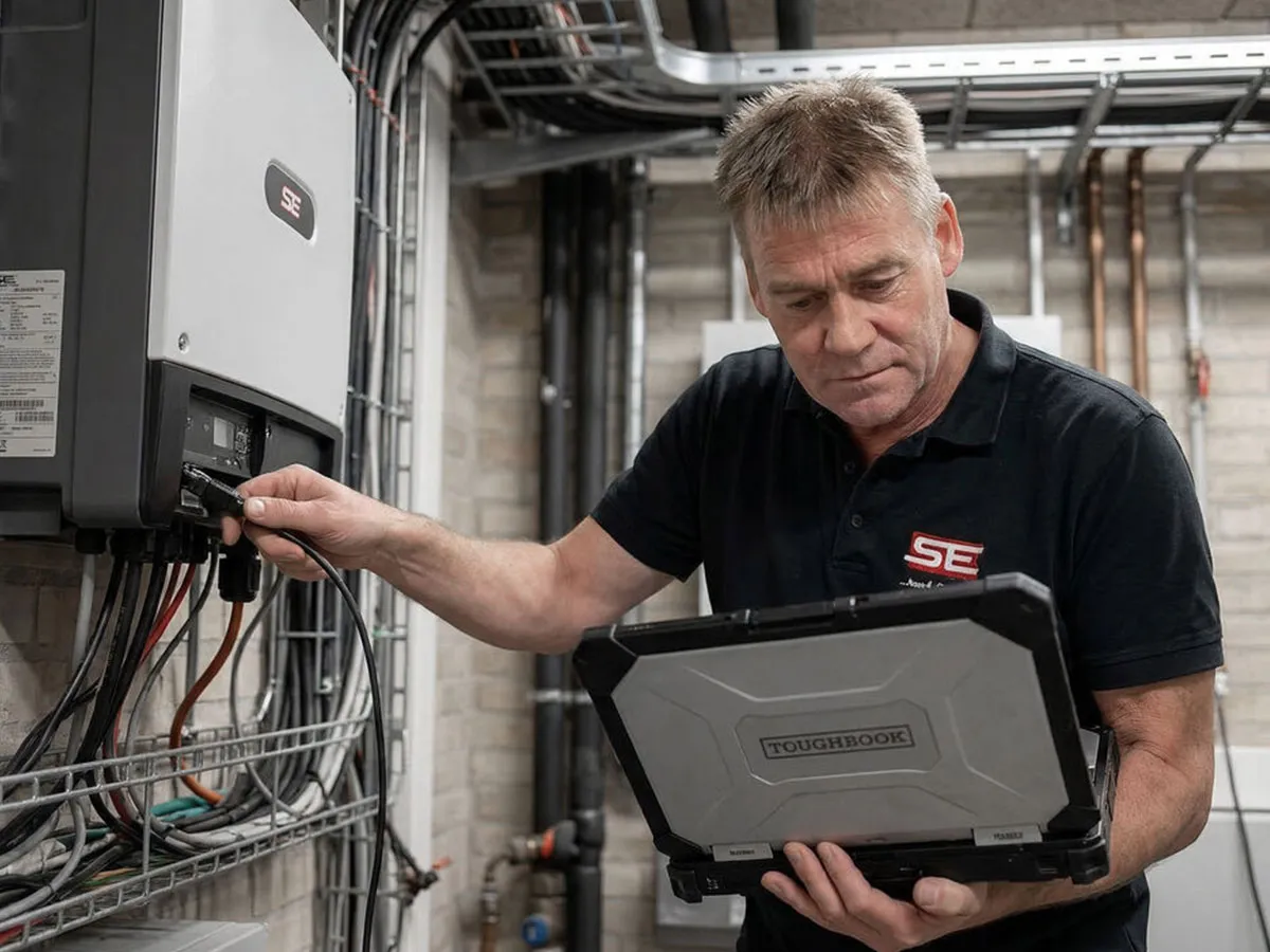 SE-Service Techniker bei der Arbeit an einer Gebäudeautomationsanlage